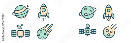 Planets, rockets, satellites, and meteors representing space exploration and celestial phenomena in a clean, outlined style