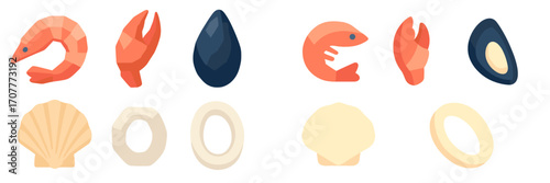Collection of fresh marine seafood and shellfish items including shrimp, crab claws, mussels, scallops, and calamari rings