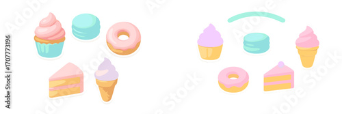Assortment of sweet pastel desserts including cupcakes, macarons, donuts, cake slices, and ice cream cones