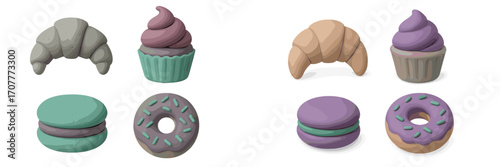 Playful assortment of colorful sweet treats including croissants, cupcakes, macarons, and donuts with soft textures
