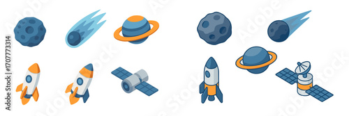 Collection of space exploration objects including rockets, planets, satellites, asteroids, and comets in a modern style