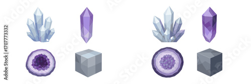 Assortment of natural mineral crystals and cut geodes featuring various geometric shapes and vibrant colors