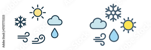 Modern colorful weather forecast symbols and icons for various atmospheric conditions including sun, rain, snow, clouds, and wind