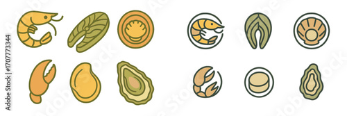 Assortment of fresh seafood icons featuring shrimp, fish fillet, crab claw, scallop, clam, and oyster in a clean graphic style