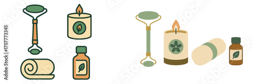 Assortment of natural beauty and wellness items including jade roller, aromatic candle, essential oil bottle, and rolled towel