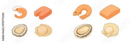Isometric fresh seafood collection featuring salmon fillets, shrimp, oysters, and scallops for culinary and healthy food concepts