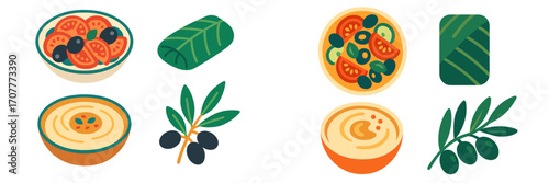 Mediterranean cuisine dishes and ingredients: fresh salad, creamy hummus, traditional dolmades, olive branch