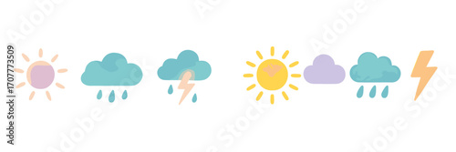 Colorful collection of weather forecast symbols featuring sun, cloud, rain, and lightning elements with a soft texture