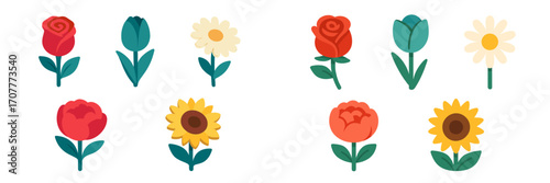 Collection of colorful spring and summer flowers including roses, tulips, daisies, peonies, and sunflowers