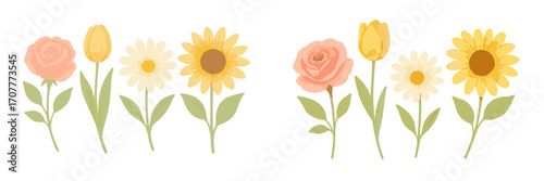 Delicate watercolor style spring and summer flowers including roses, tulips, daisies, and sunflowers blooming in a vibrant garden
