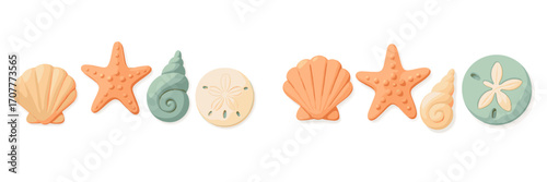 Variety of pastel colored seashells starfish and sand dollars marine life objects arranged horizontally on a clean white background