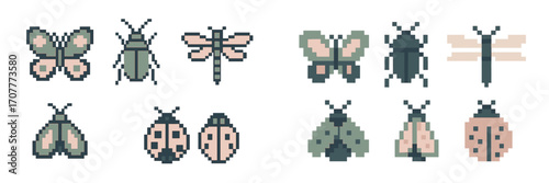 Charming pixel art insect collection featuring butterflies, beetles, dragonflies, moths, and ladybugs in a retro style