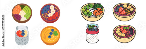 Collection of healthy breakfast and lunch bowls with fresh fruits, vegetables, and grains for nutritious meals