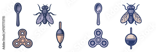 Collection of everyday objects including spoons, flies, fidget spinners, and fishing bobbers with textured style