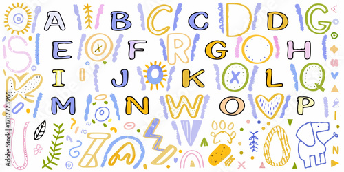 Whimsical hand drawn alphabet letters with cute decorative elements and animals