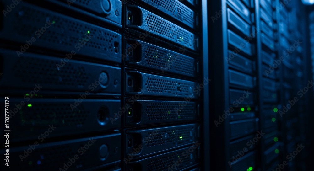 Close-up of a server rack with a blue tone. Close-up of a server rack with a blue tone.