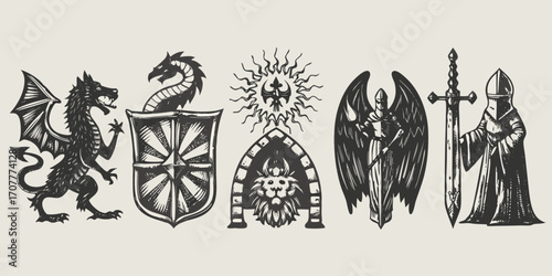 Collection of fantasy medieval emblems including a dragon shield angel knight sword and hooded figure
