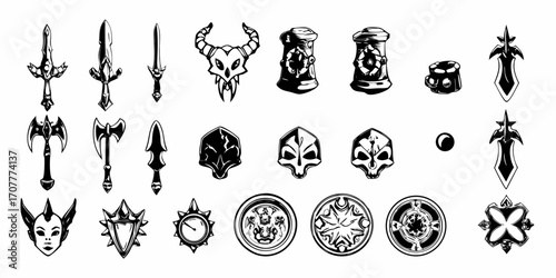 Collection of fantasy game icons and assets featuring weapons skulls and emblems
