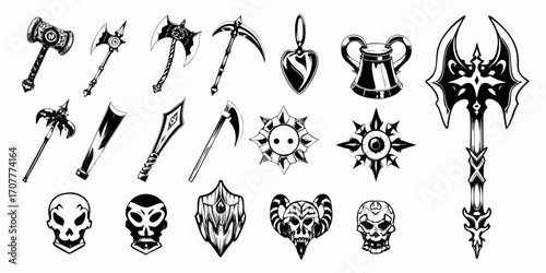 Collection of fantasy weapon icons and emblems including axes hammers scythes skulls shields and magical artifacts