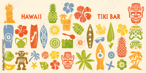 Vibrant hawaii tiki bar tropical island vacation elements collection