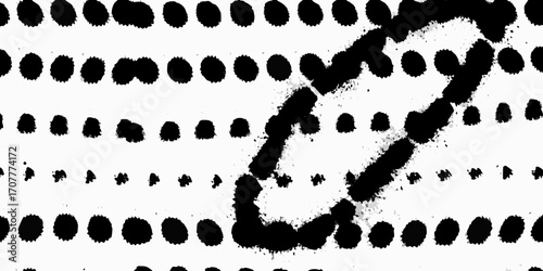 Abstract black and white pattern of irregular dots and a bold oval shape