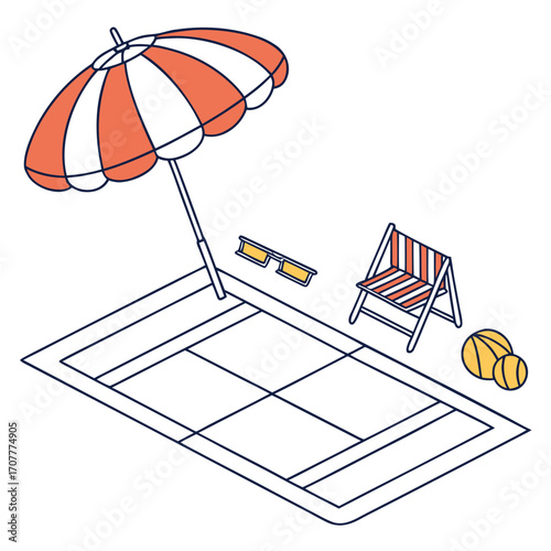 Beach volleyball scene with umbrella deck chair sunglasses and balls on a white background sport game
