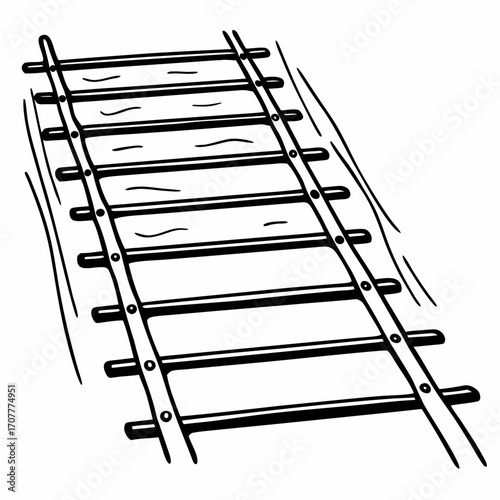 Black and white illustration of train tracks receding into the distance railway railroad