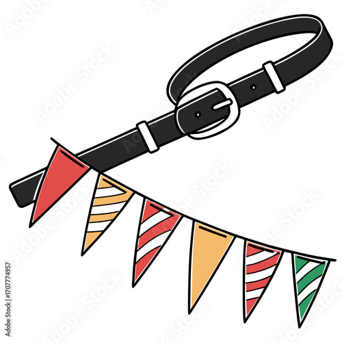 Black leather belt with a silver buckle and a string of colorful pennant flags vector illustration