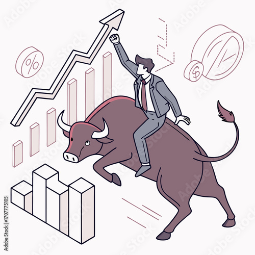 Vector illustration of a businessman riding a bull, symbolizing bullish stock market, financial growth, investment confidence, and strong business progress with rising charts