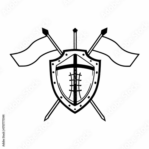Shield with football pattern and crossed flags and spears crest emblem