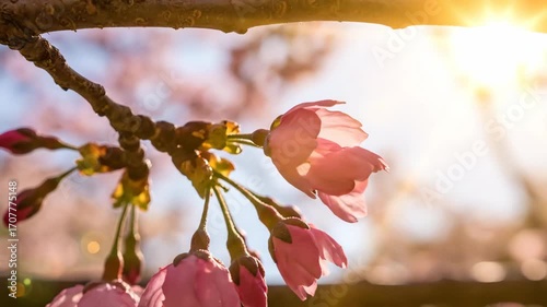 Close-up of Cherry Blossom Buds Blooming in Morning Sunlight with Soft Pink Petals and Warm Golden Glow, Captured in Tranquil Garden Setting, Highlighting Nature's Beauty and Springtime Renewal