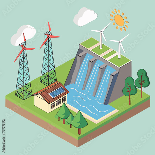 Isometric vector illustration of renewable energy with solar panels, wind turbines, hydroelectric dam, and power grid, symbolizing clean energy and sustainable development