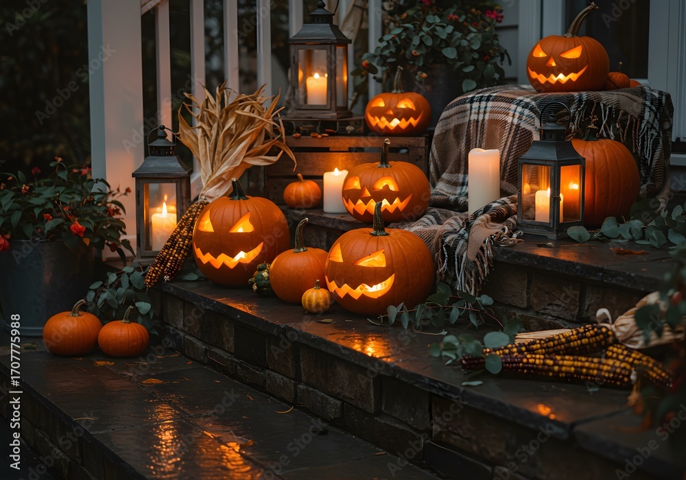 Obraz premium Cozy Autumn Porch Steps with Pumpkins, Lanterns, Corn and Blanket on Wet Stone at Night