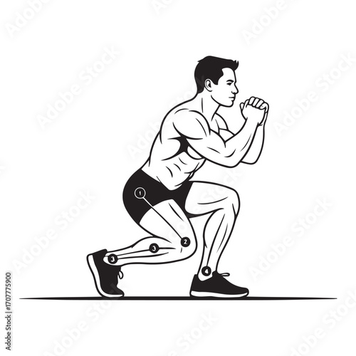 Bodyweight squat exercise anatomy guide isolated on white background