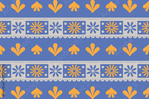 Repeating pattern with blue background, gold leaves and white floral cutouts in horizontal stripes