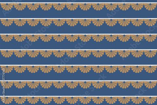 Repeated rows of golden fan like shapes with blue background and white lines in a symmetrical pattern