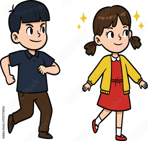 Cartoon boy and girl running, cheerful expressions, colorful clothing, childhood activity, emotional interaction, vector illustration on white background for stock use