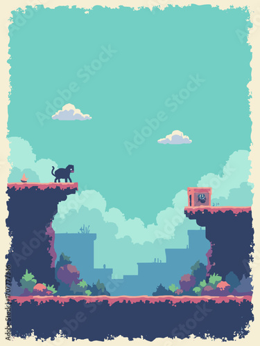 8-bit game poster — pixelated platform elements, cartridge silhouette, blocky clouds on saturated teal backdrop