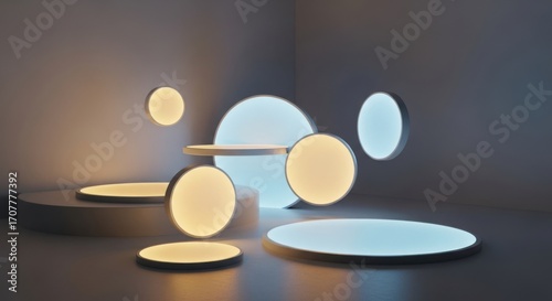 Modern minimalist circular led lights creating ambient atmosphere in a dark room