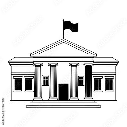 Front view of a classical government building with columns and a flag waving on top