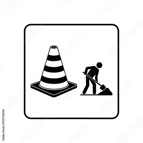 Road work under construction vector icon with safety cone and a worker digging with a shovel