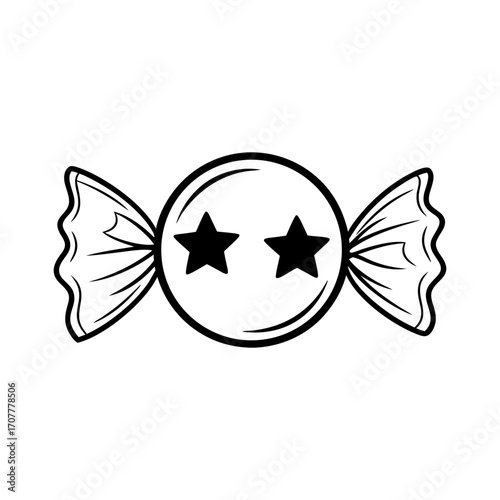 Cute cartoon candy with stars icon. Black and white line art vector illustration of a sweet treat