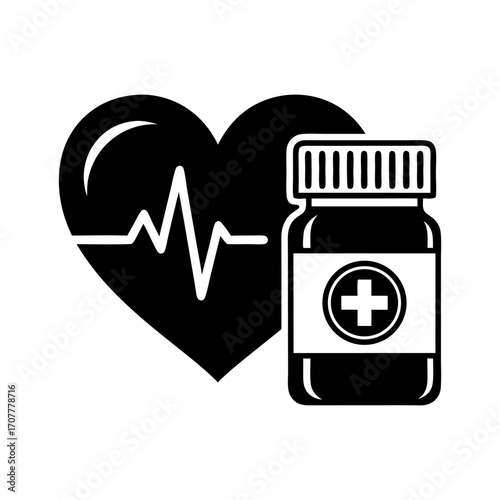 Heartbeat and Medication Icon Illustrating Cardiovascular Health and Pharmaceutical Support