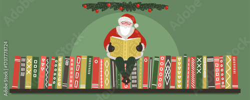 Santa Claus reading book on bookshelf. Christmas reading, books, library, literature concept.