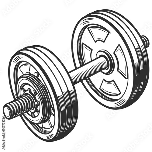 Black and white illustration of a weightlifting dumbbell with plates strength training fitness
