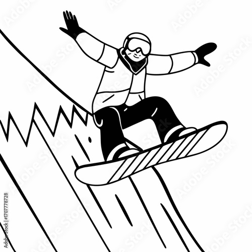 Black and white illustration of a snowboarder in mid-air with arms outstretched against a stylized mountain slope