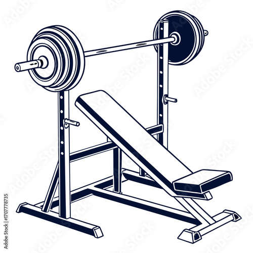 Black and white illustration of a weight bench and squat rack with a barbell on a white background weights