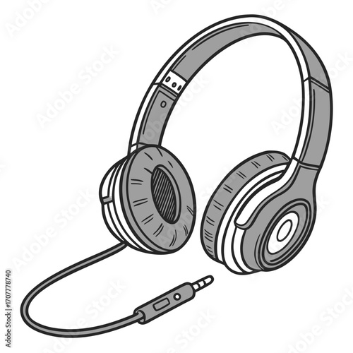 Black and white illustration of wired headphones with audio jack earphones music