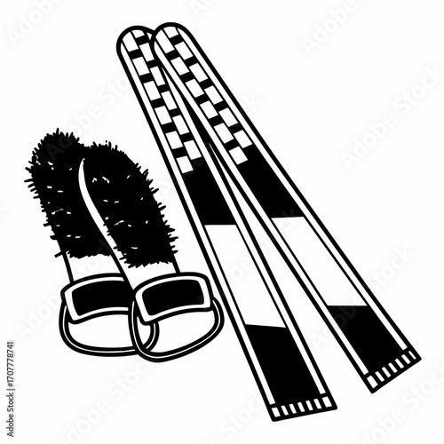 Black and White Illustration of Skis and Furry Boots ski boots fuzzy