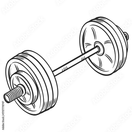 Black and white line drawing of a barbell with weight plates on a white background weights weightlifting